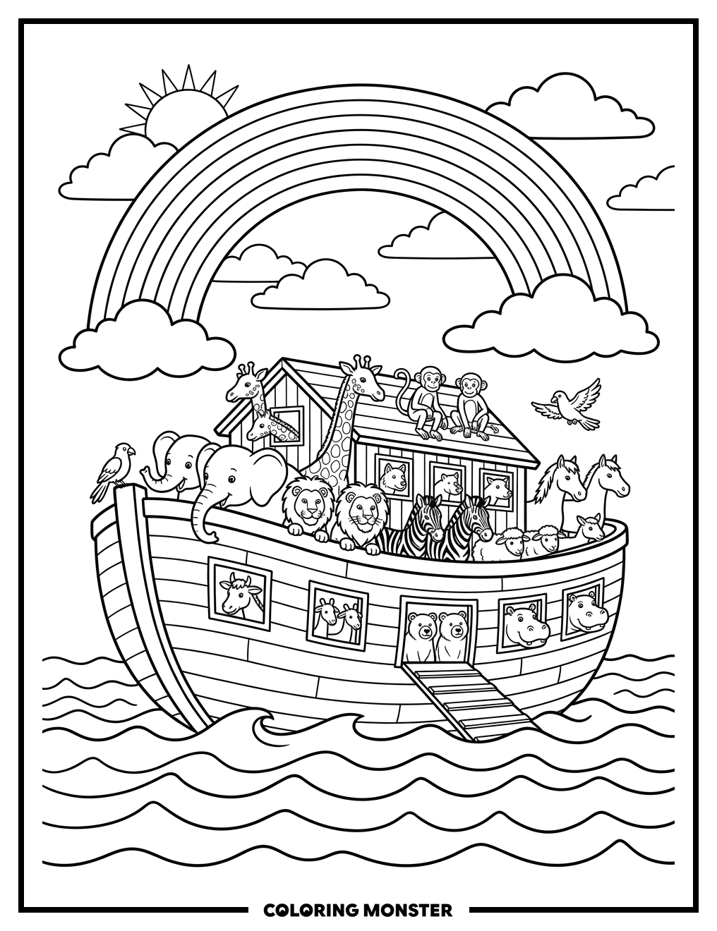 Noah's Ark With Animals and Rainbow Coloring Page