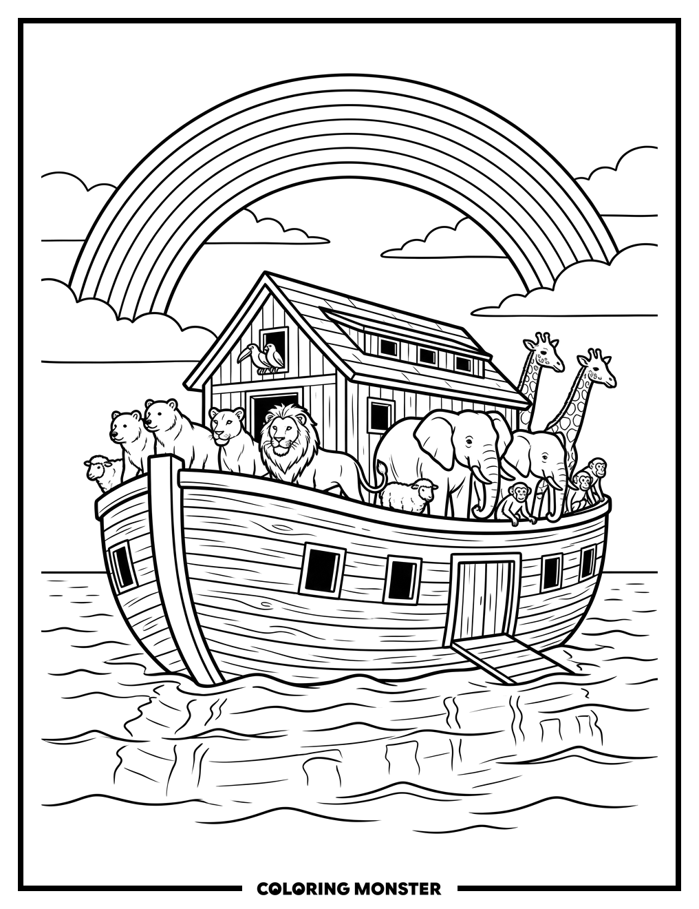 Noah's Ark With Animals and Rainbow Coloring Page