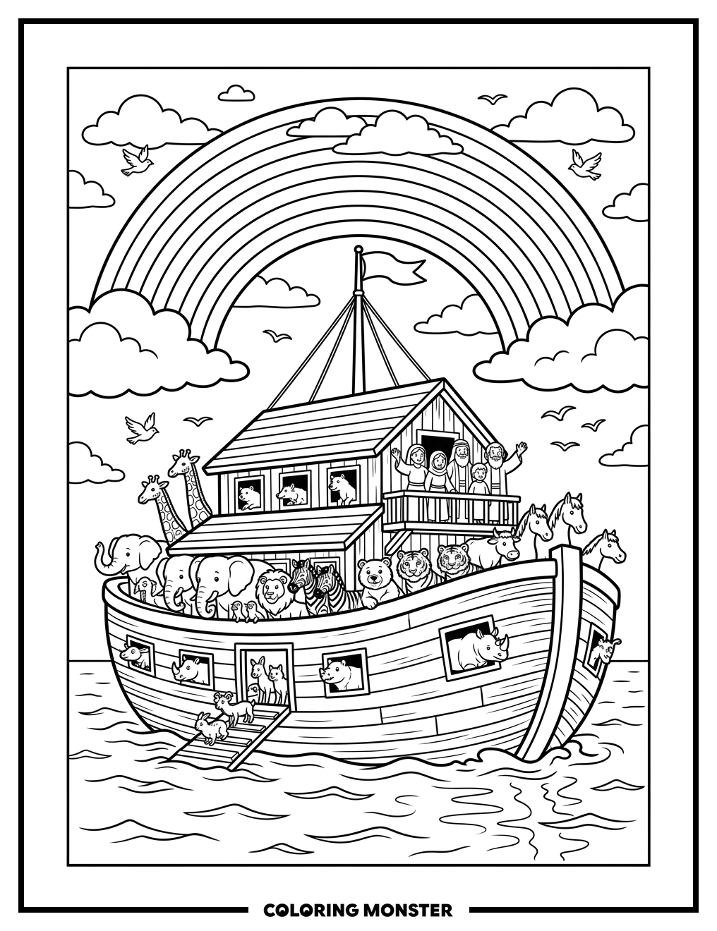 Noah's Ark with Animals and Rainbow Coloring Page