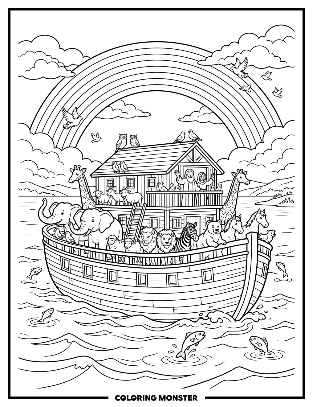 Noah's Ark with Animals and Rainbow Coloring Page