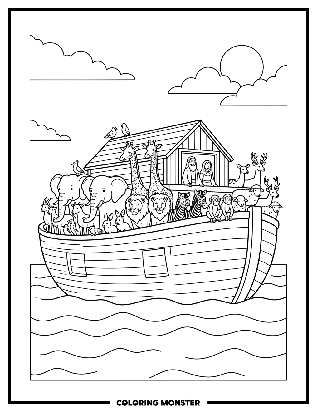 Noah's Ark With Animals On Calm Sea Coloring Page