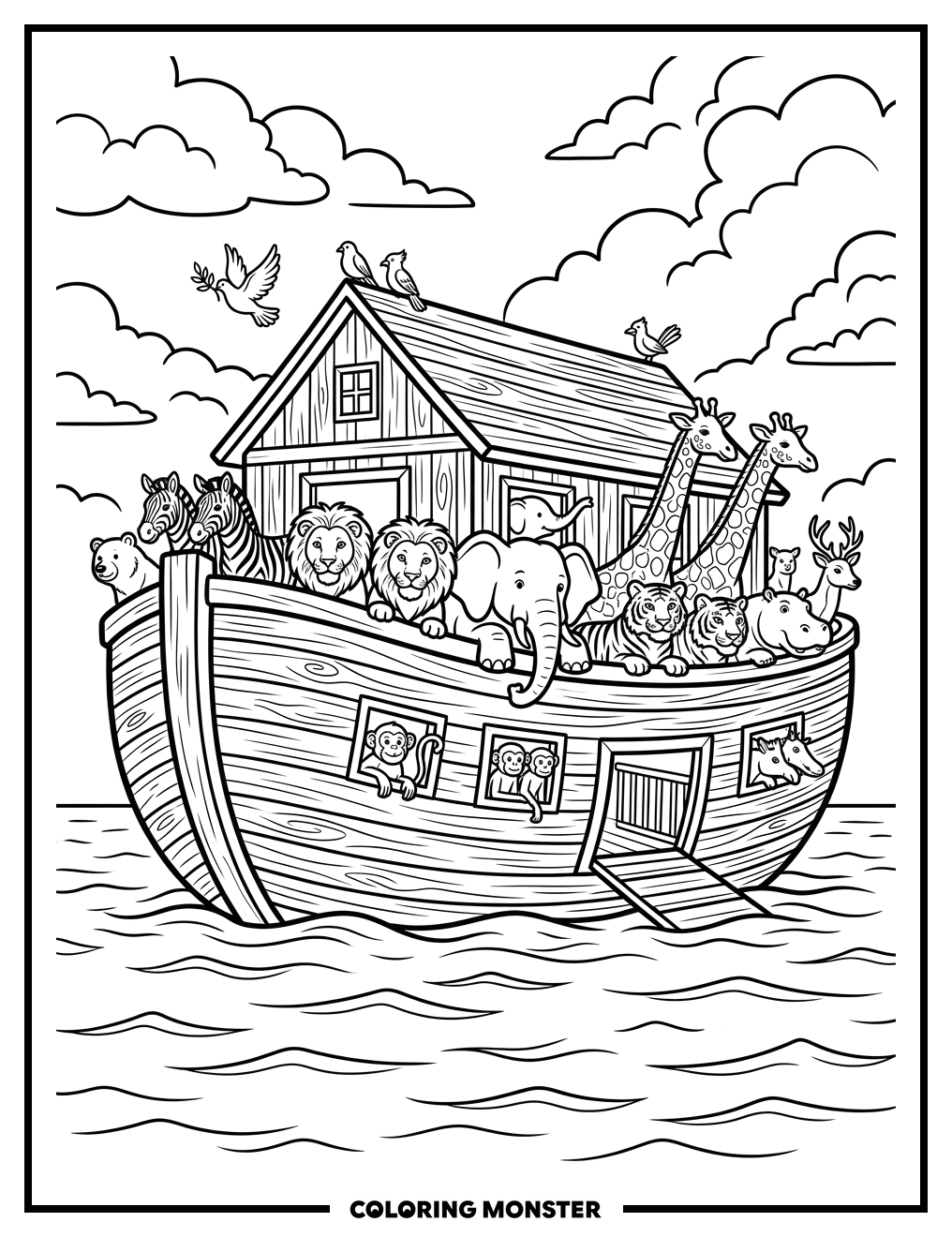 Noah's Ark With Animals On Calm Water Coloring Page