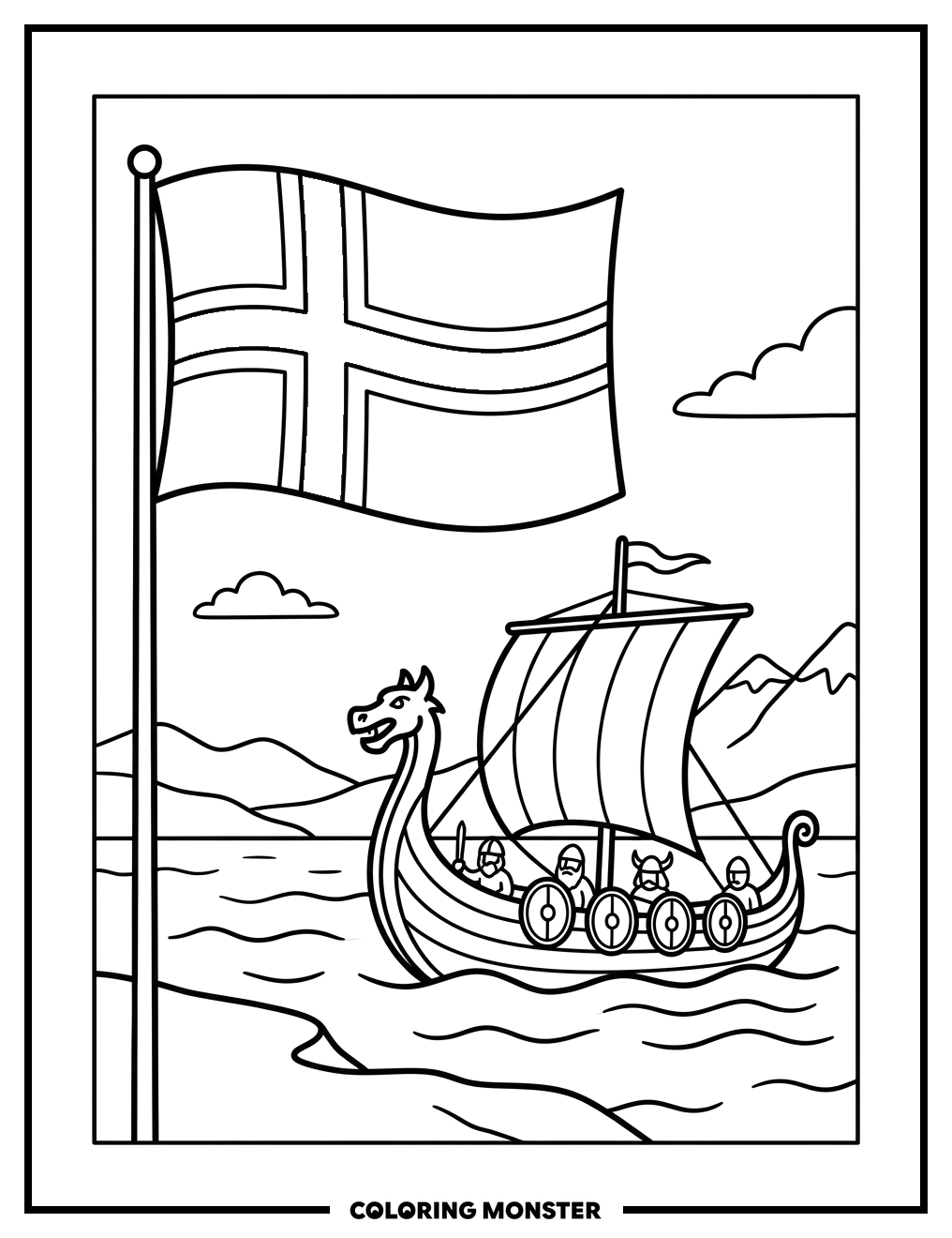 Norway Flag and Viking Ship Coloring Page