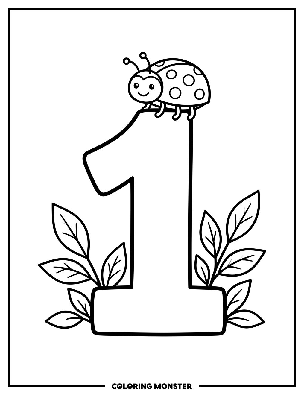 Number 1 with Ladybug and Leaves Coloring Page