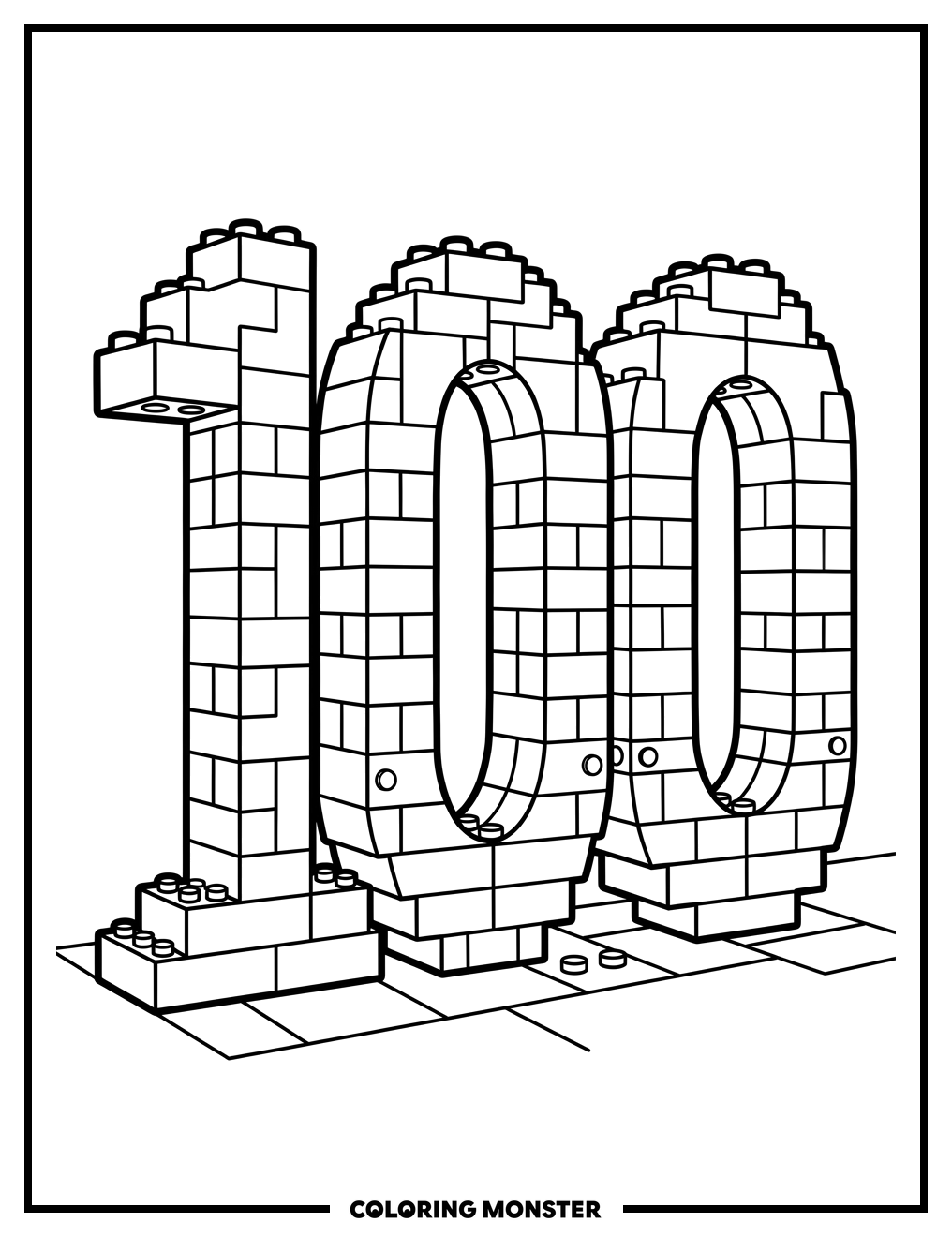 Number 100 Made of Blocks Coloring Page