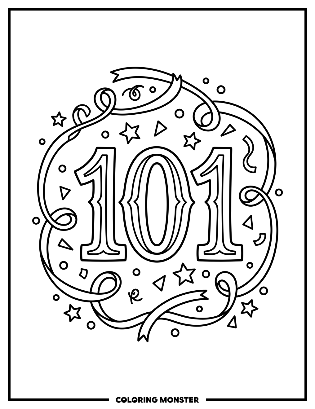 Number 101 With Festive Ribbon Coloring Page
