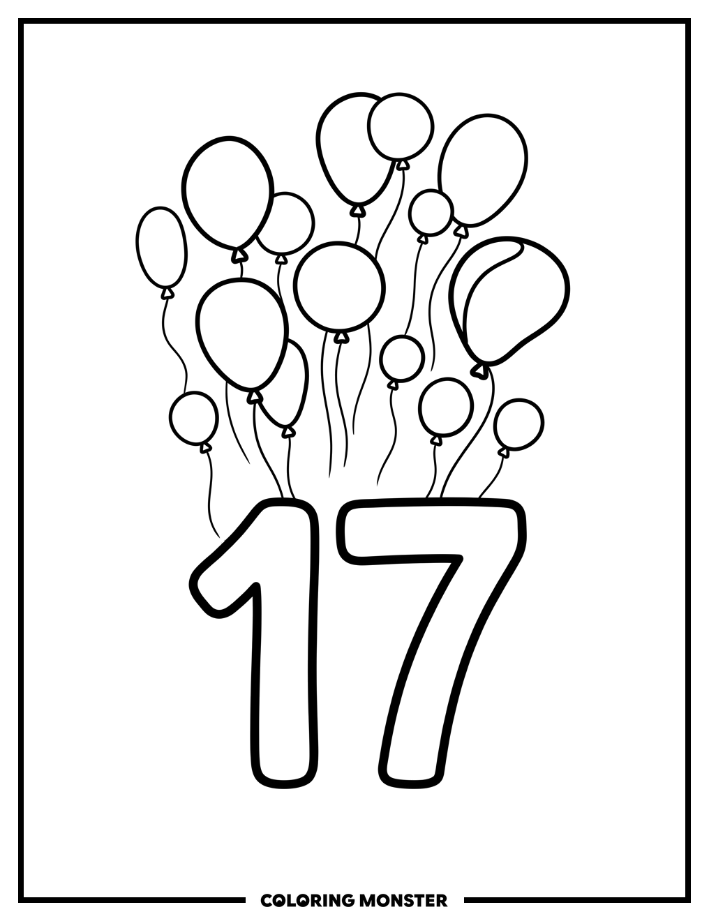 Number 17 With Balloons Coloring Page
