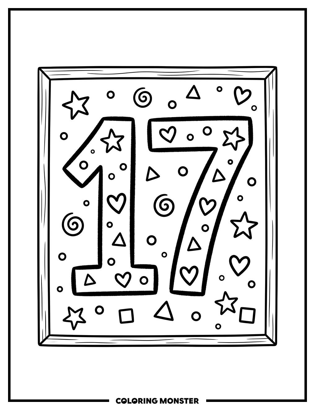 Number 17 with Stars and Hearts Coloring Page