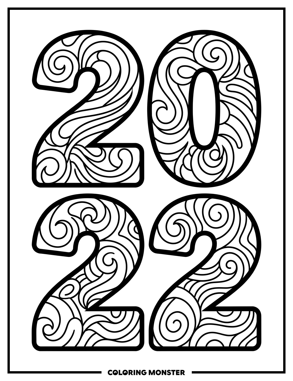 Number 2022 with Swirling Patterns Coloring Page