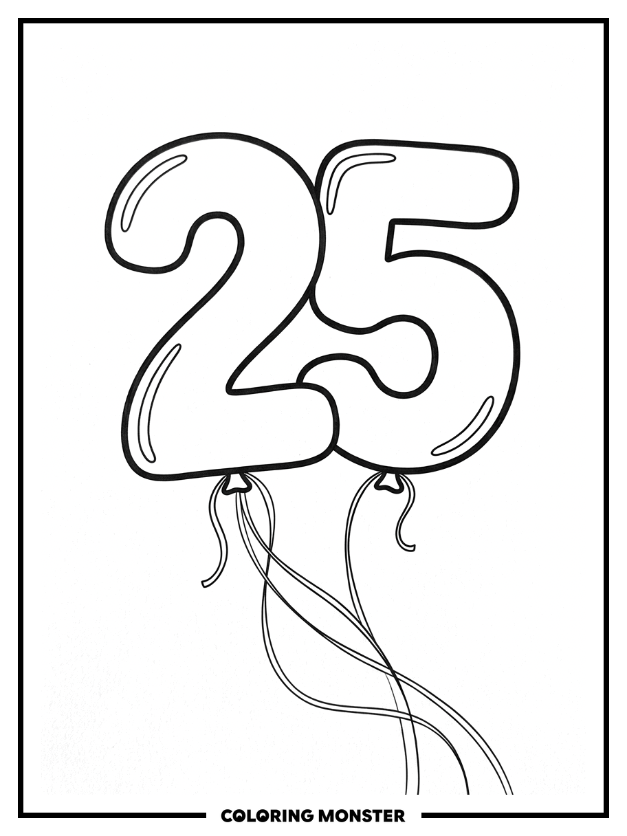 Number 25 Balloon Floating Coloring Page