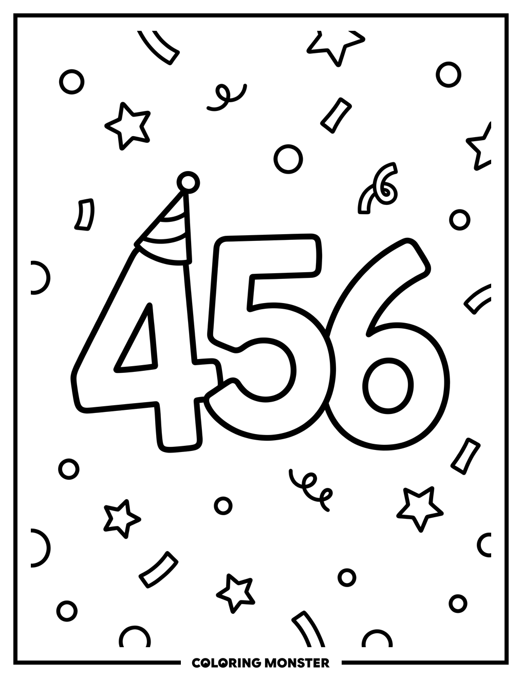 Number 456 With Party Hat Coloring Page