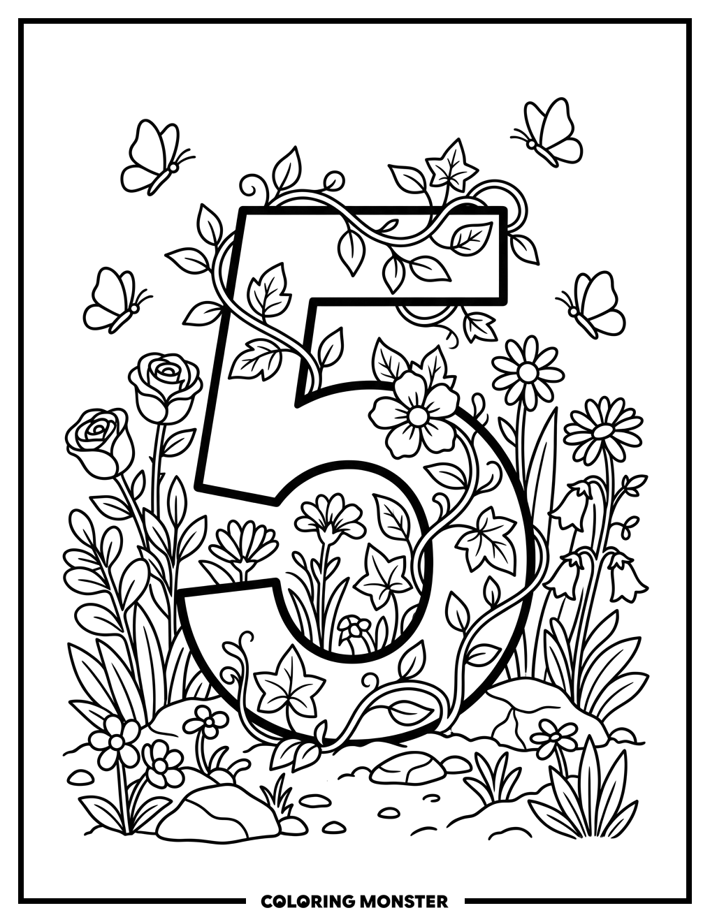 Number 5 With Flowers and Butterflies Coloring Page
