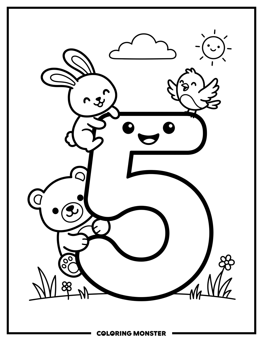 Number 5 With Friendly Animals Coloring Page