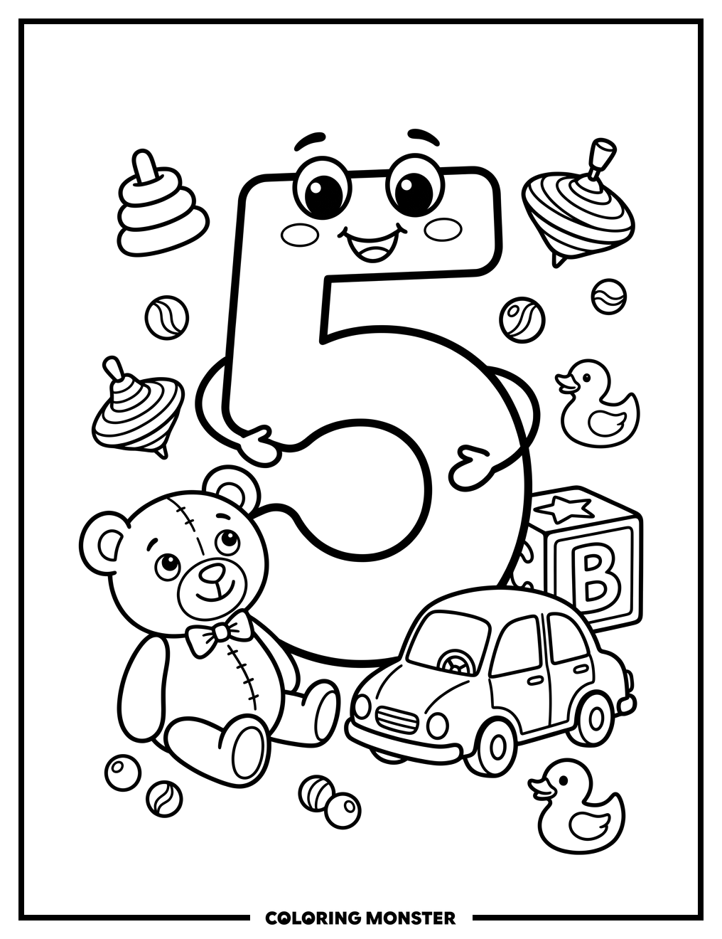 Number 5 With Toys Coloring Page