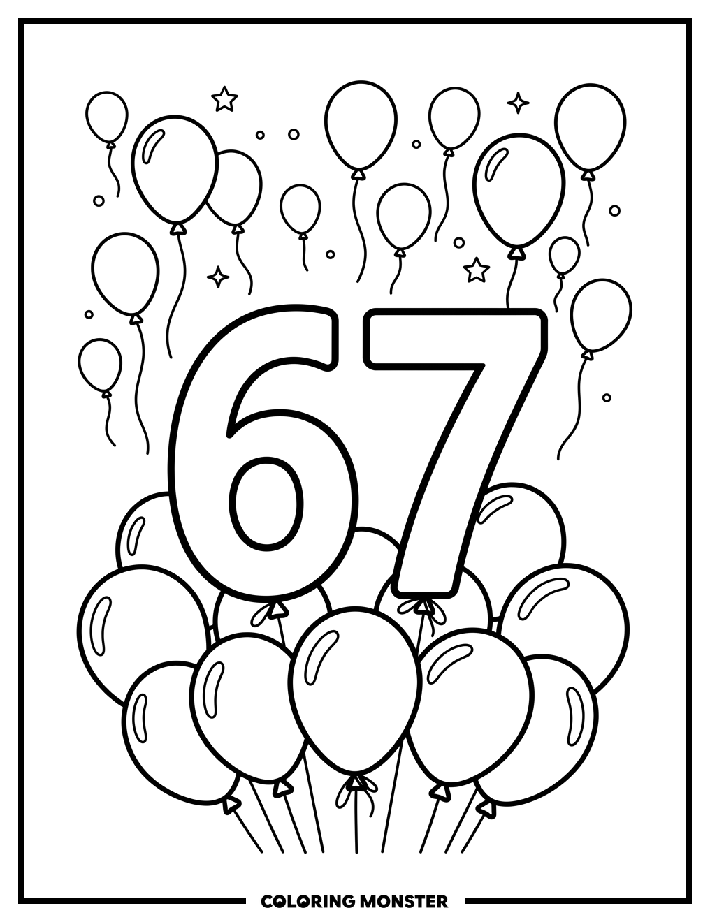 Number 67 With Balloons Coloring Page