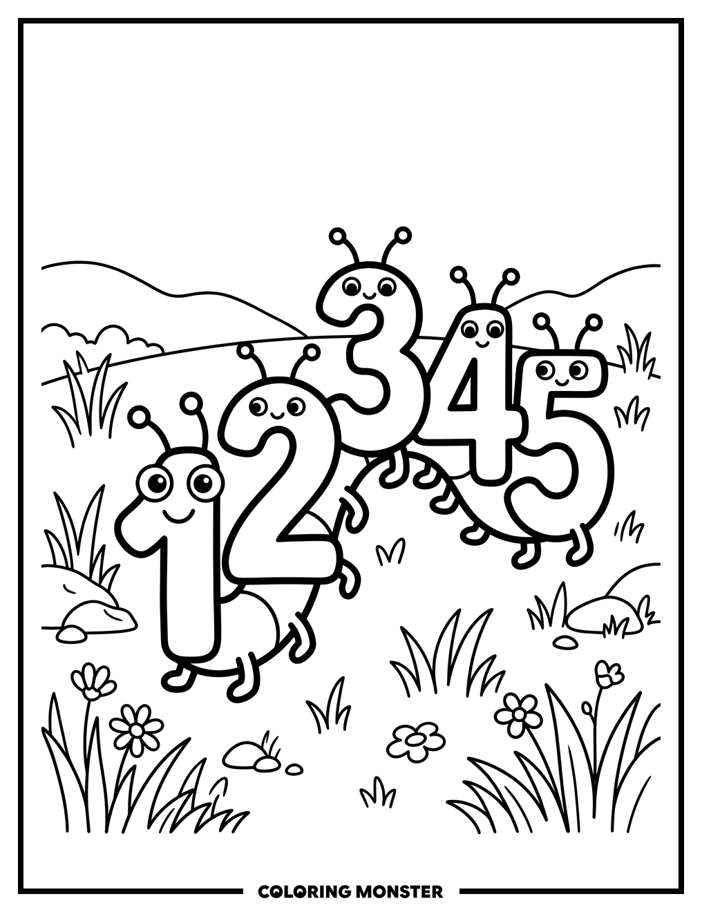 Number Caterpillar Crawls Through Grass Coloring Page