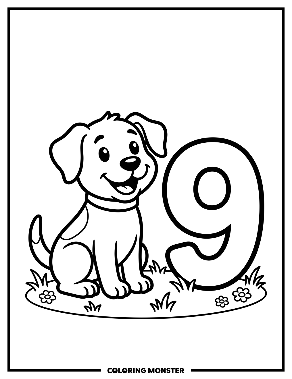 Number Nine and Friendly Dog Coloring Page