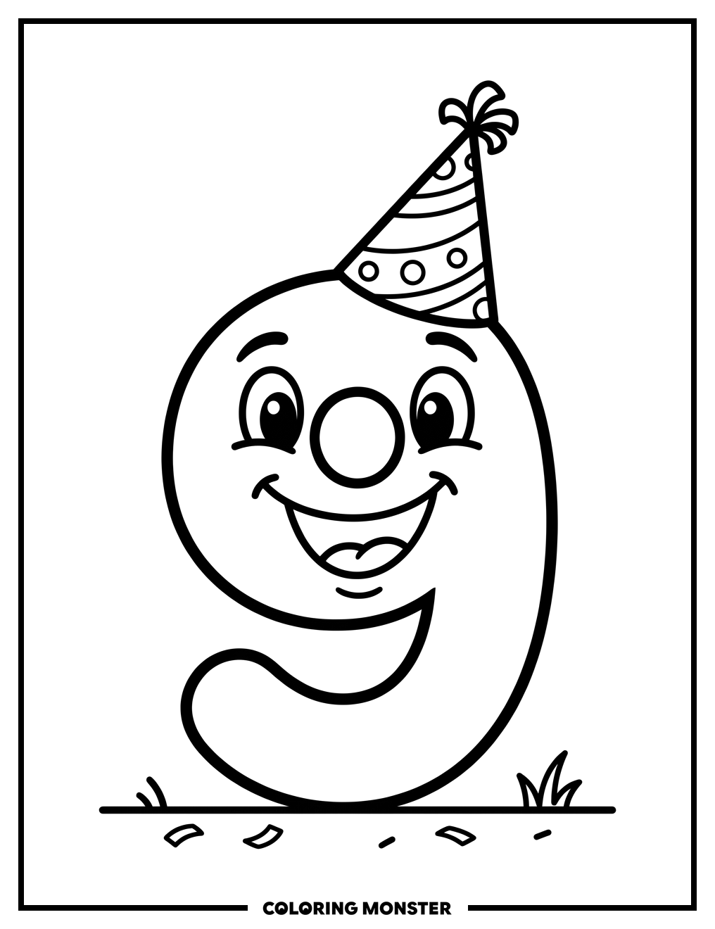 Number Nine With Party Hat Coloring Page