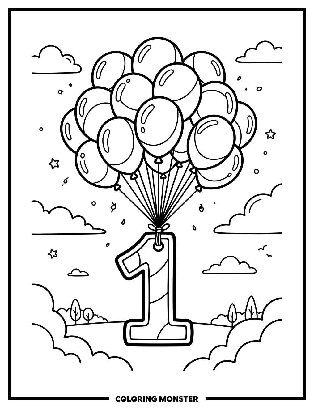 Number One Balloon Bouquet Coloring Page
