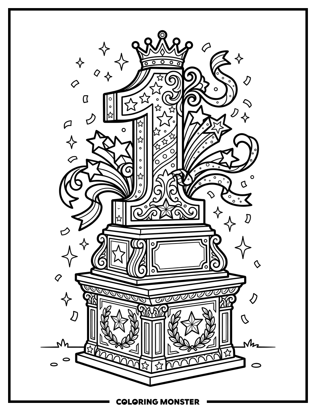 Number One Trophy with Stars and Ribbons Coloring Page
