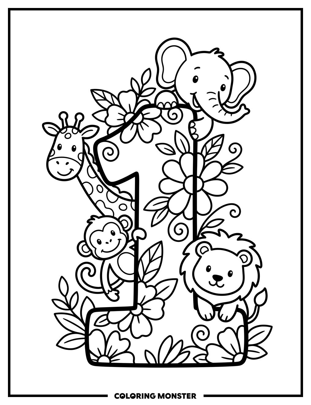 Number One With Animals Coloring Page
