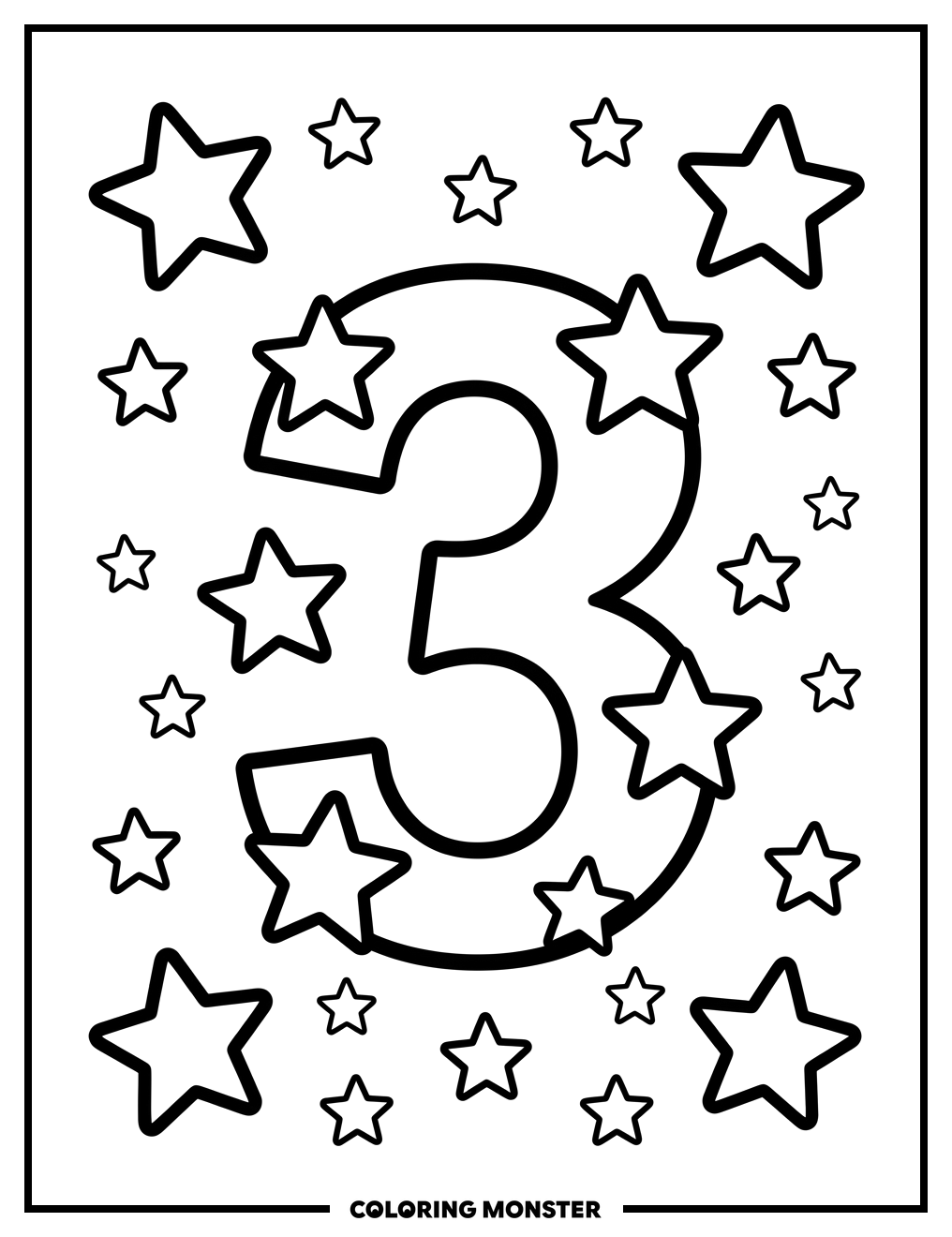 Number Three With Stars Coloring Page