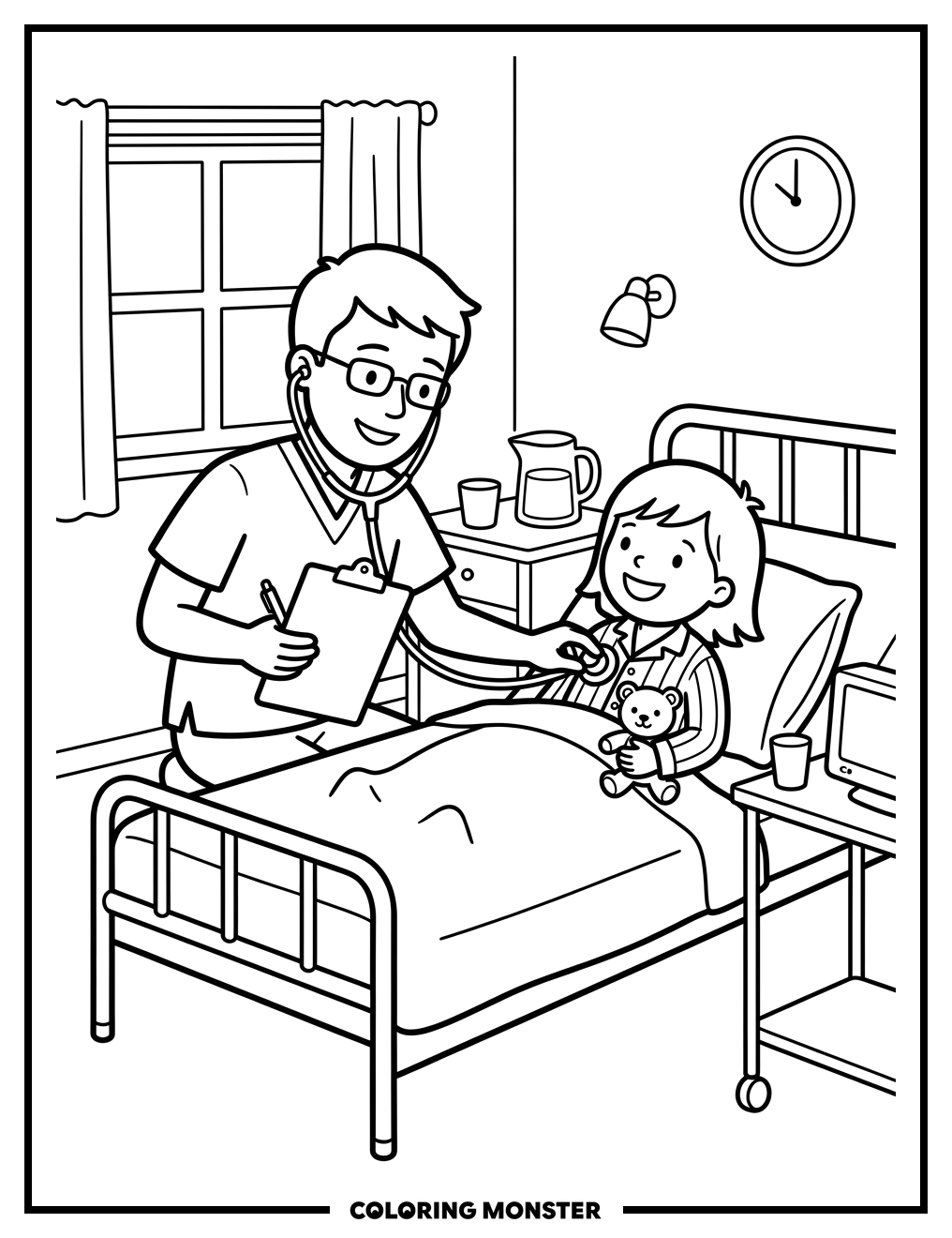 Nurse Checks On Child Patient Coloring Page