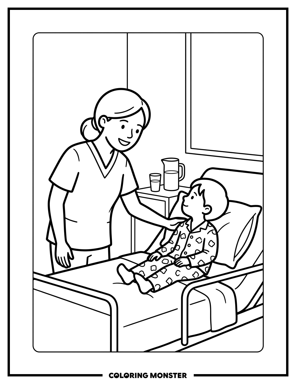 Nurse Comforts Child In Hospital Bed Coloring Page
