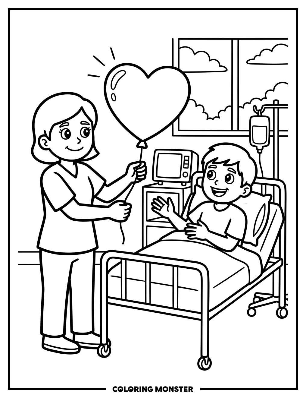 Nurse Offers Heart Balloon Coloring Page