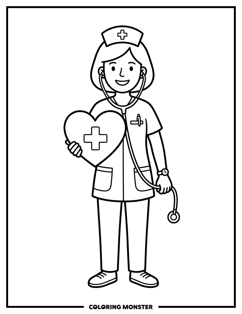 Nurse With Heart And Stethoscope Coloring Page