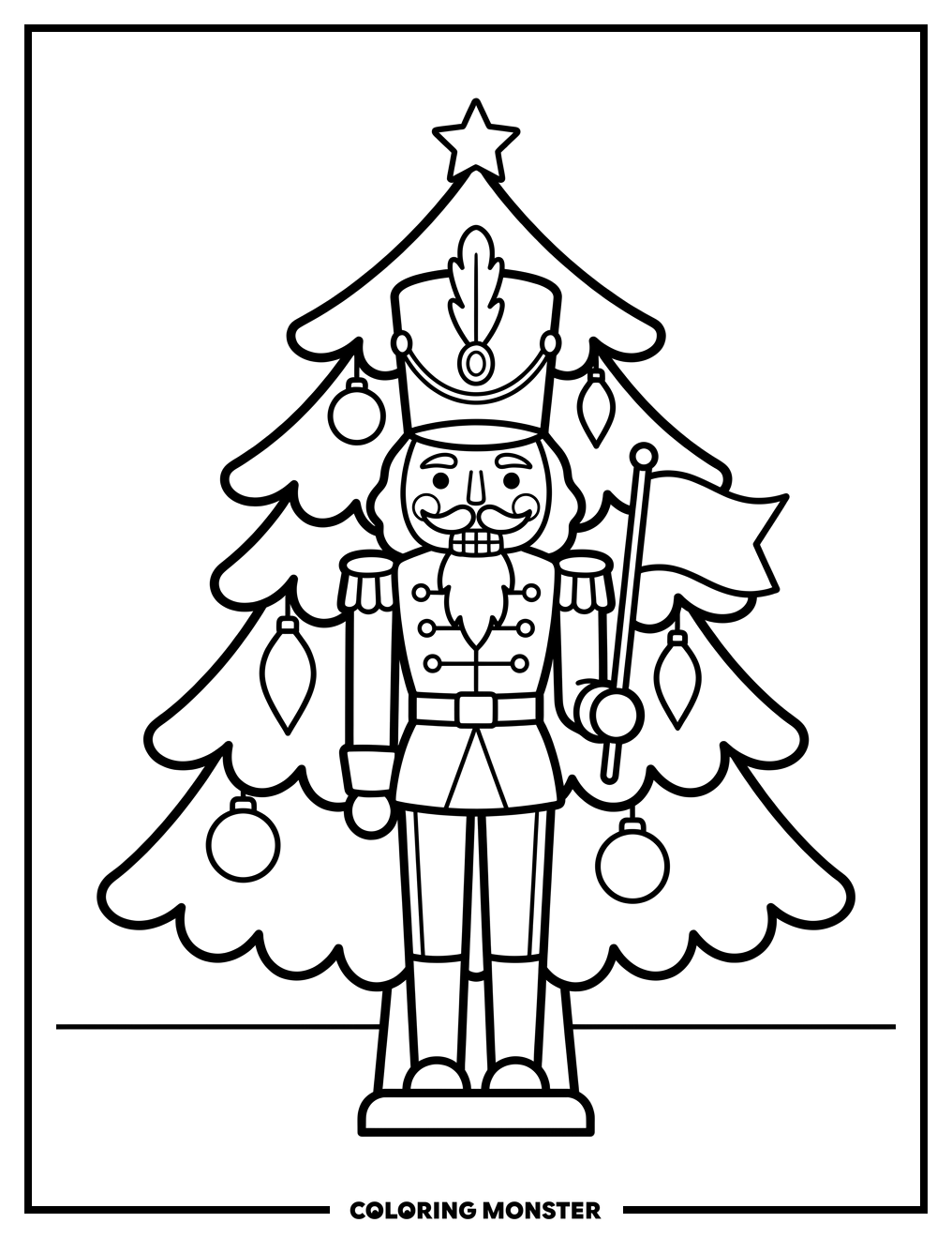 Nutcracker Soldier at Christmas Tree Coloring Page