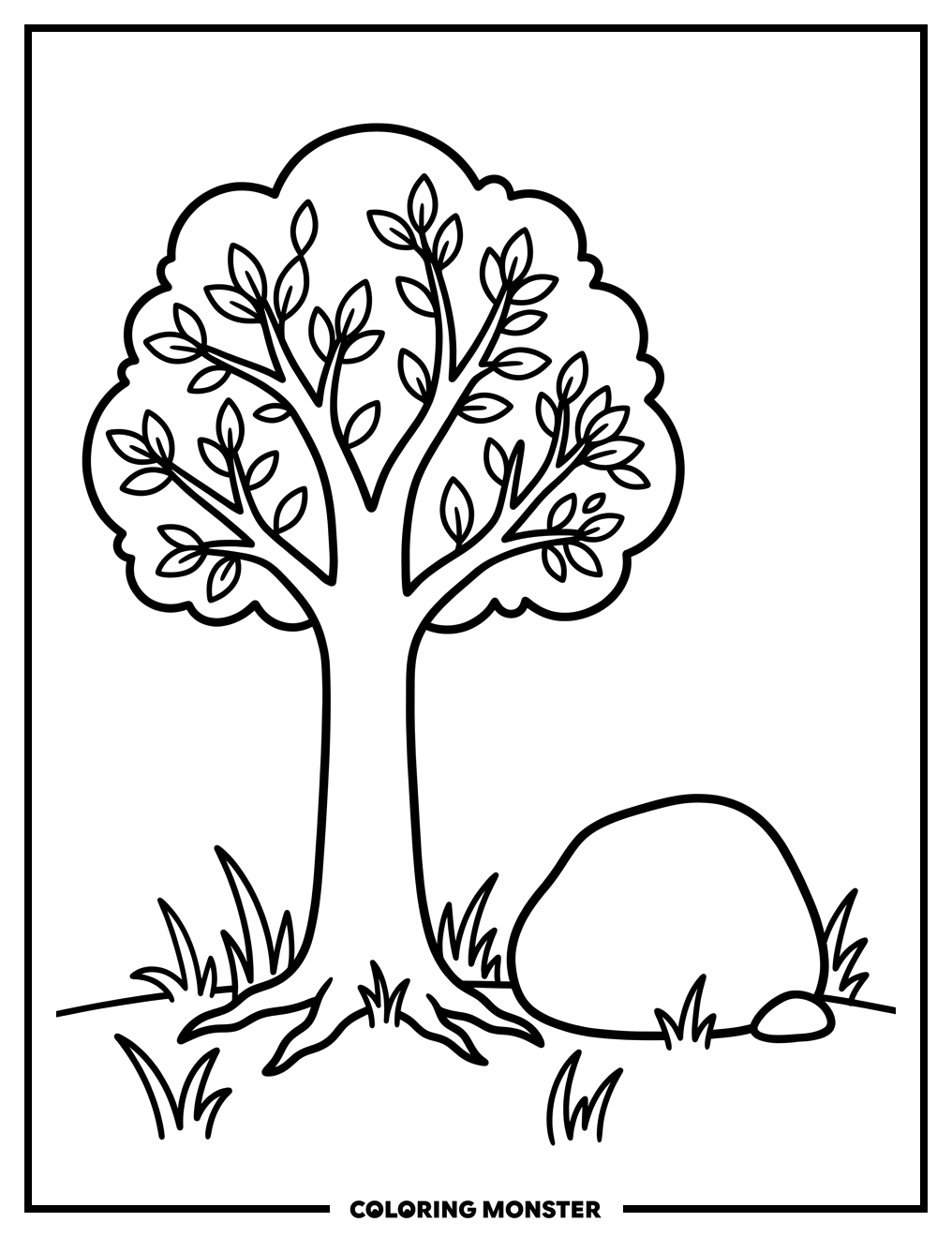 Oak Tree and Boulder Coloring Page
