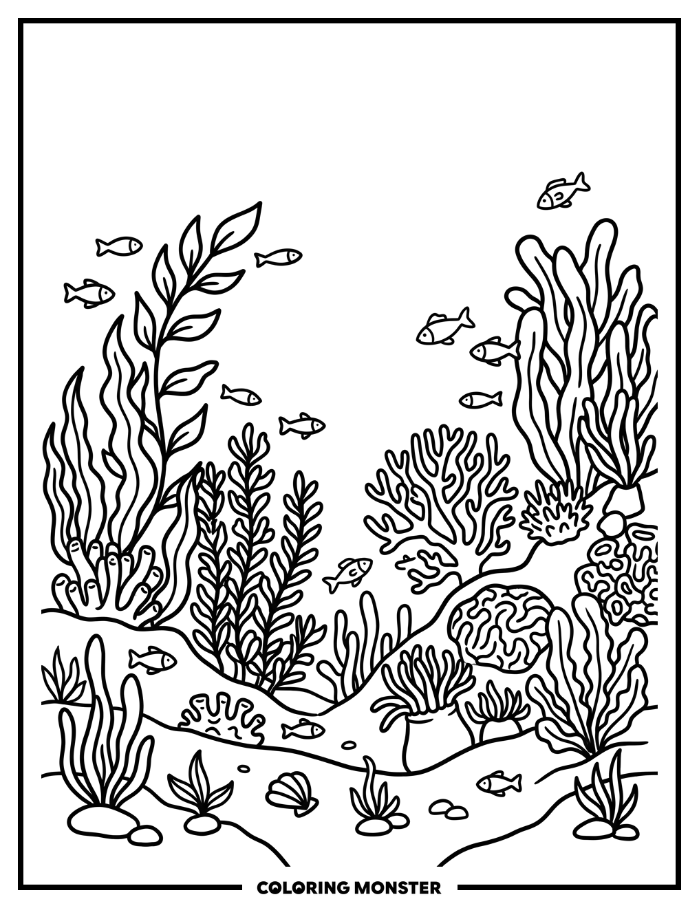 Ocean Floor With Coral and Fish Coloring Page
