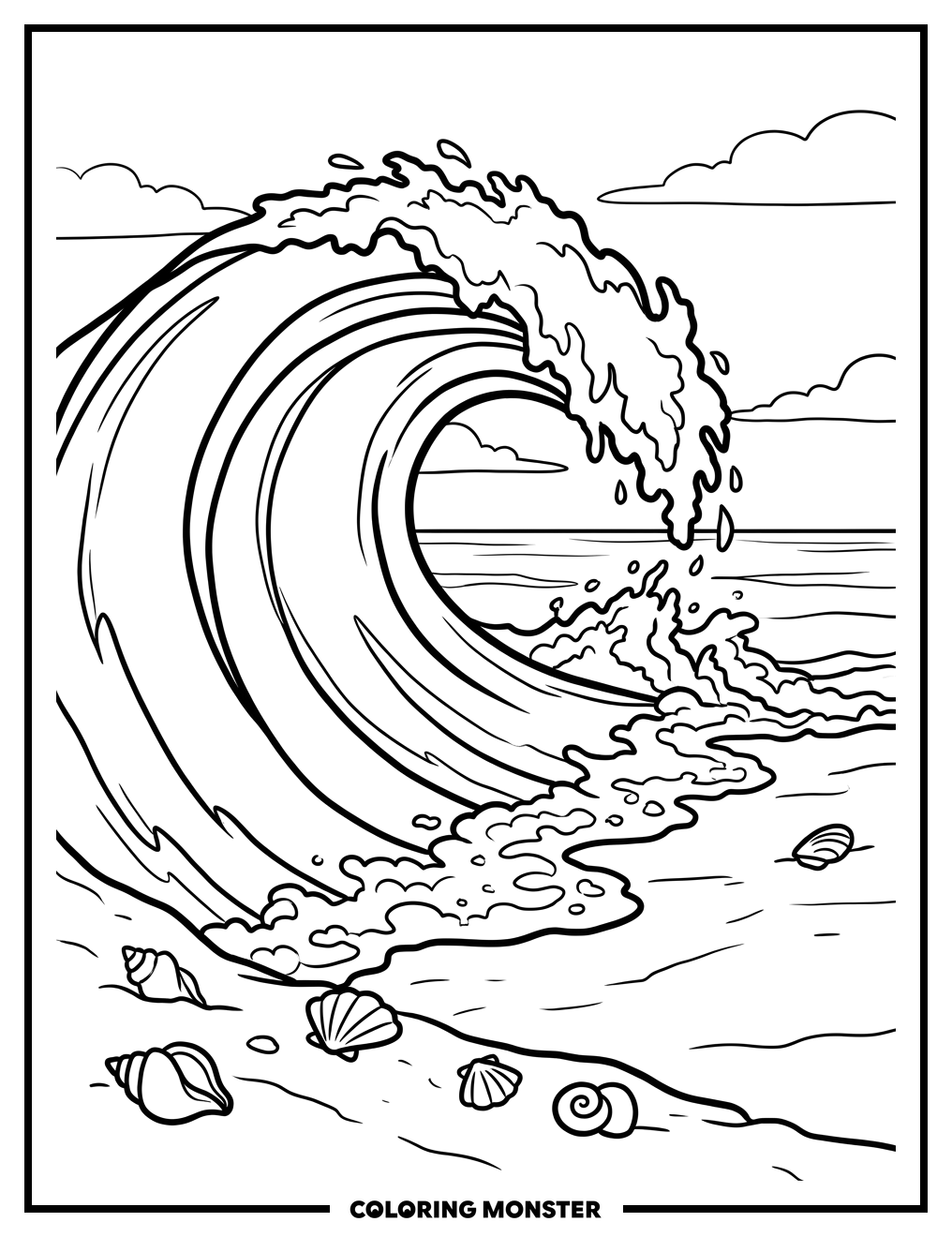 Ocean Wave Crashing on Beach Coloring Page