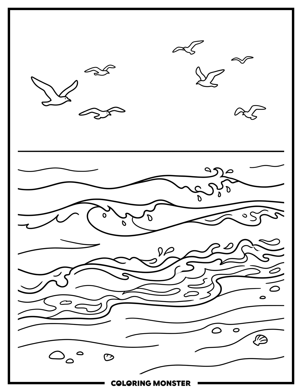 Ocean Waves and Seabirds Coloring Page