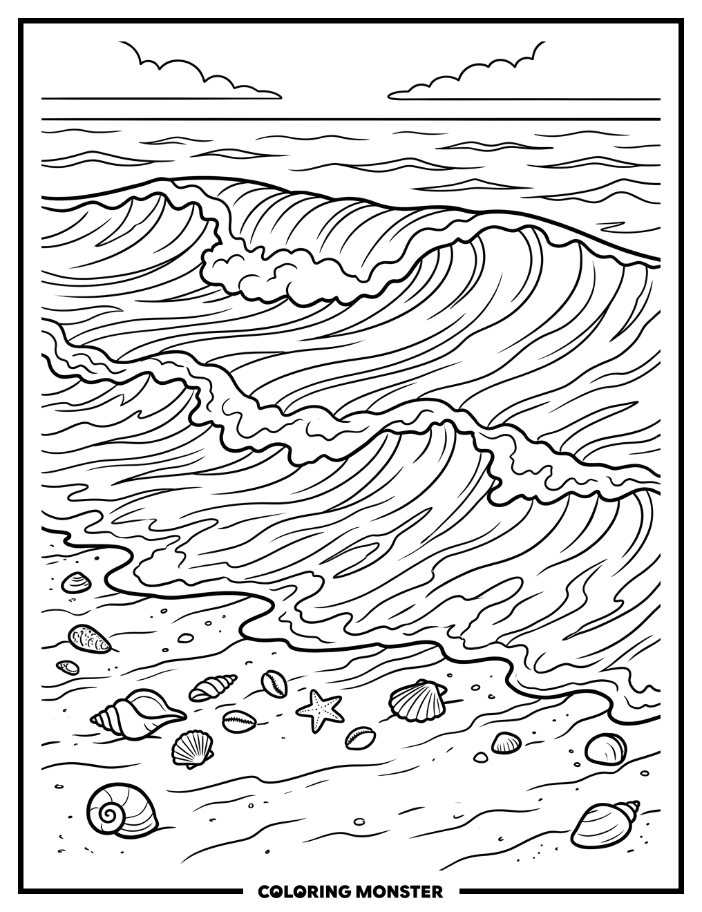Ocean Waves on Sandy Beach Coloring Page