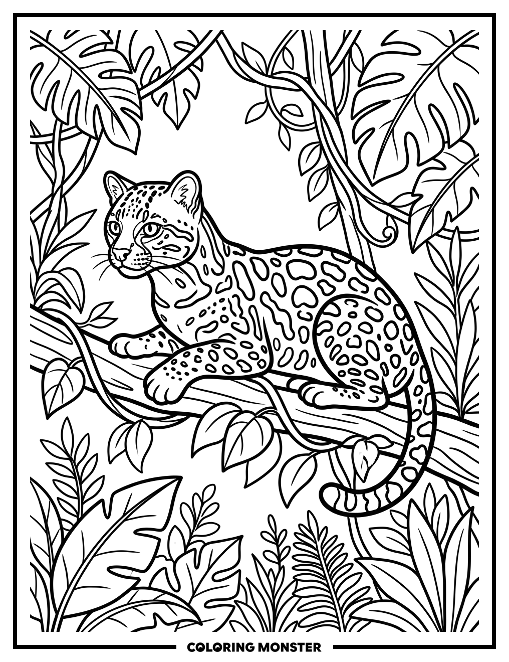 Ocelot Amidst Jungle Leaves Coloring Page