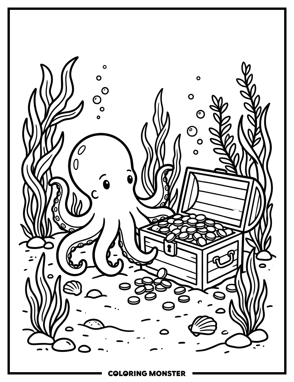 Octopus and Treasure Chest Coloring Page