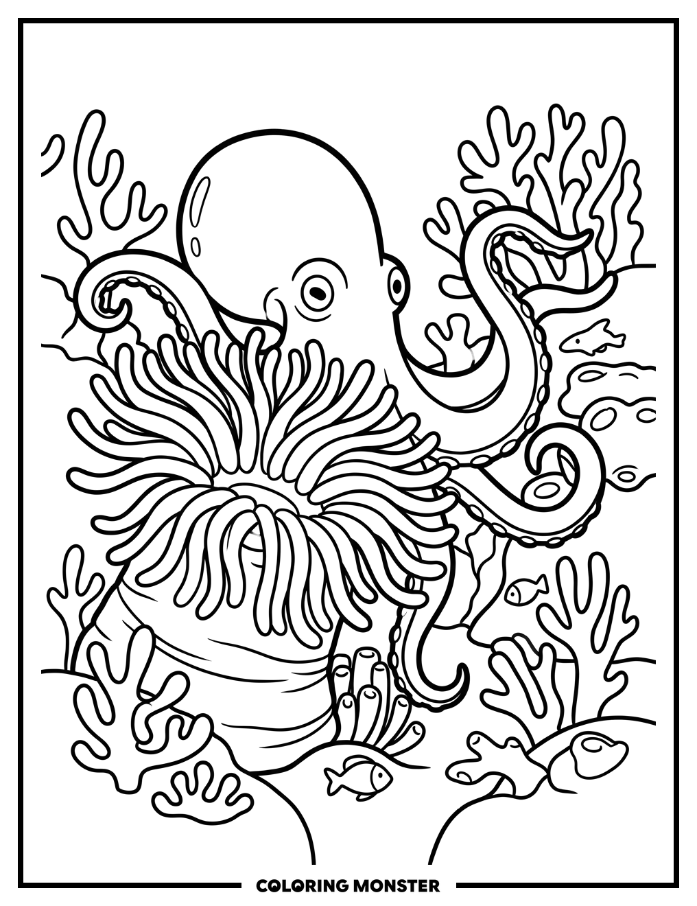Octopus Exploring Coral Reef Coloring Page