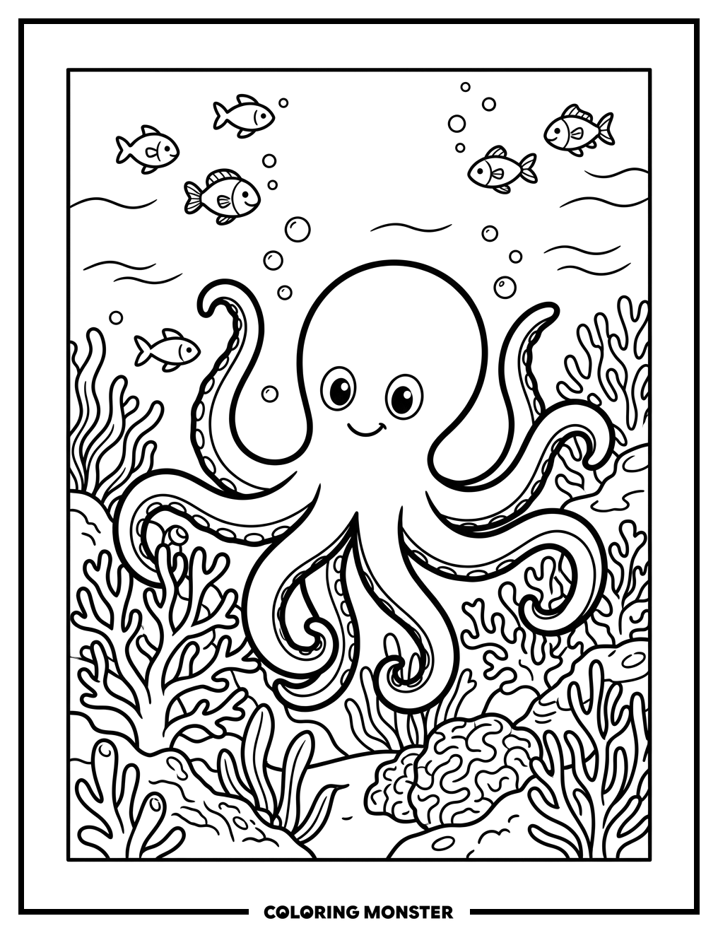Octopus in Coral Reef Coloring Page