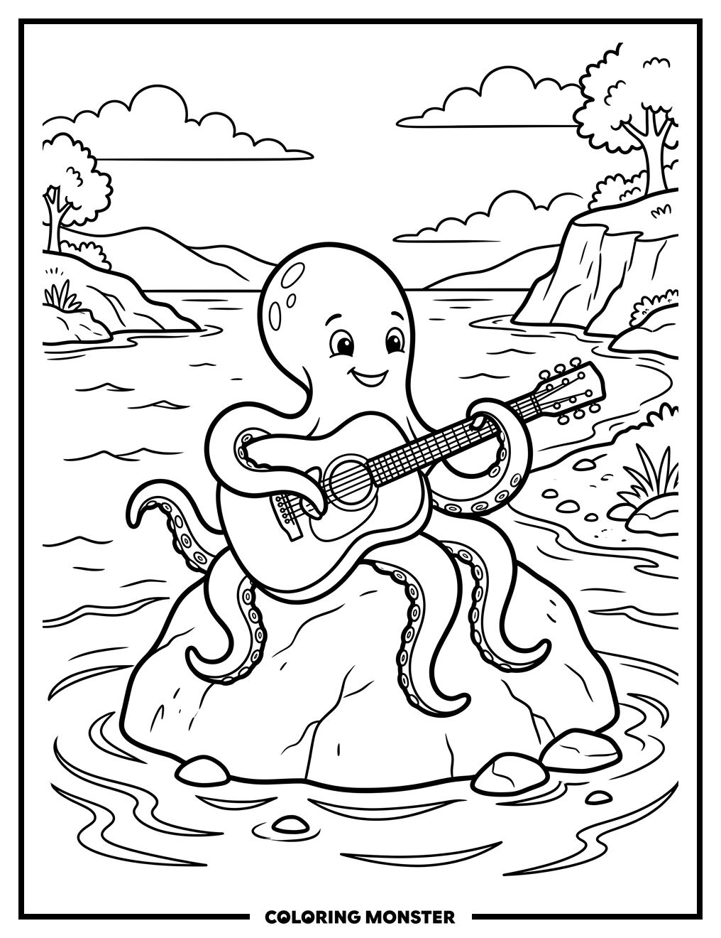 Octopus Playing Guitar on a Rock Coloring Page
