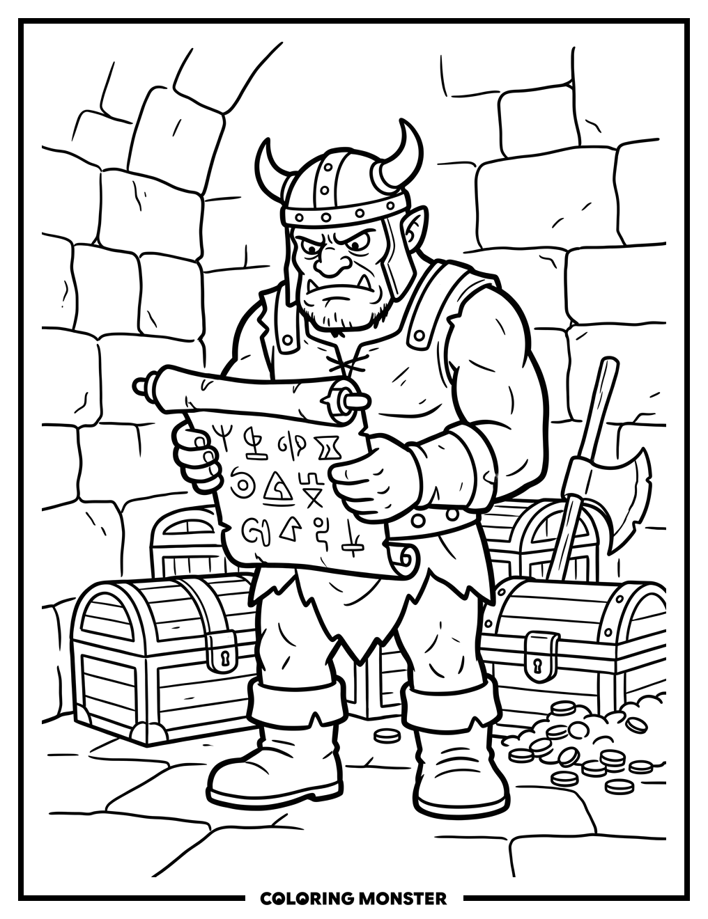 Ogre Unrolling Ancient Scroll Coloring Page