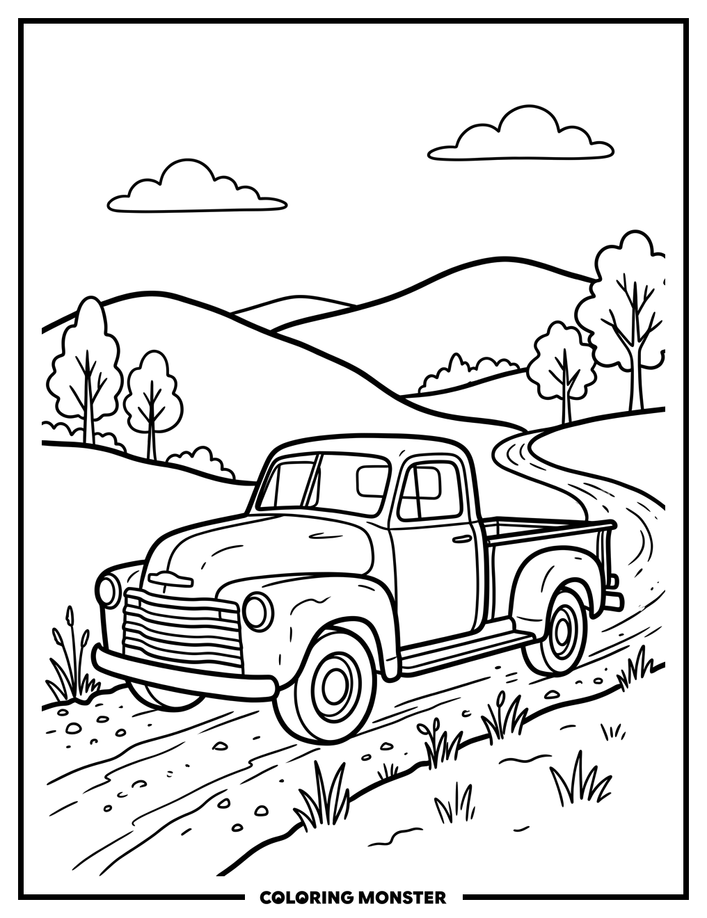 Old Pickup Truck on Dirt Road Coloring Page