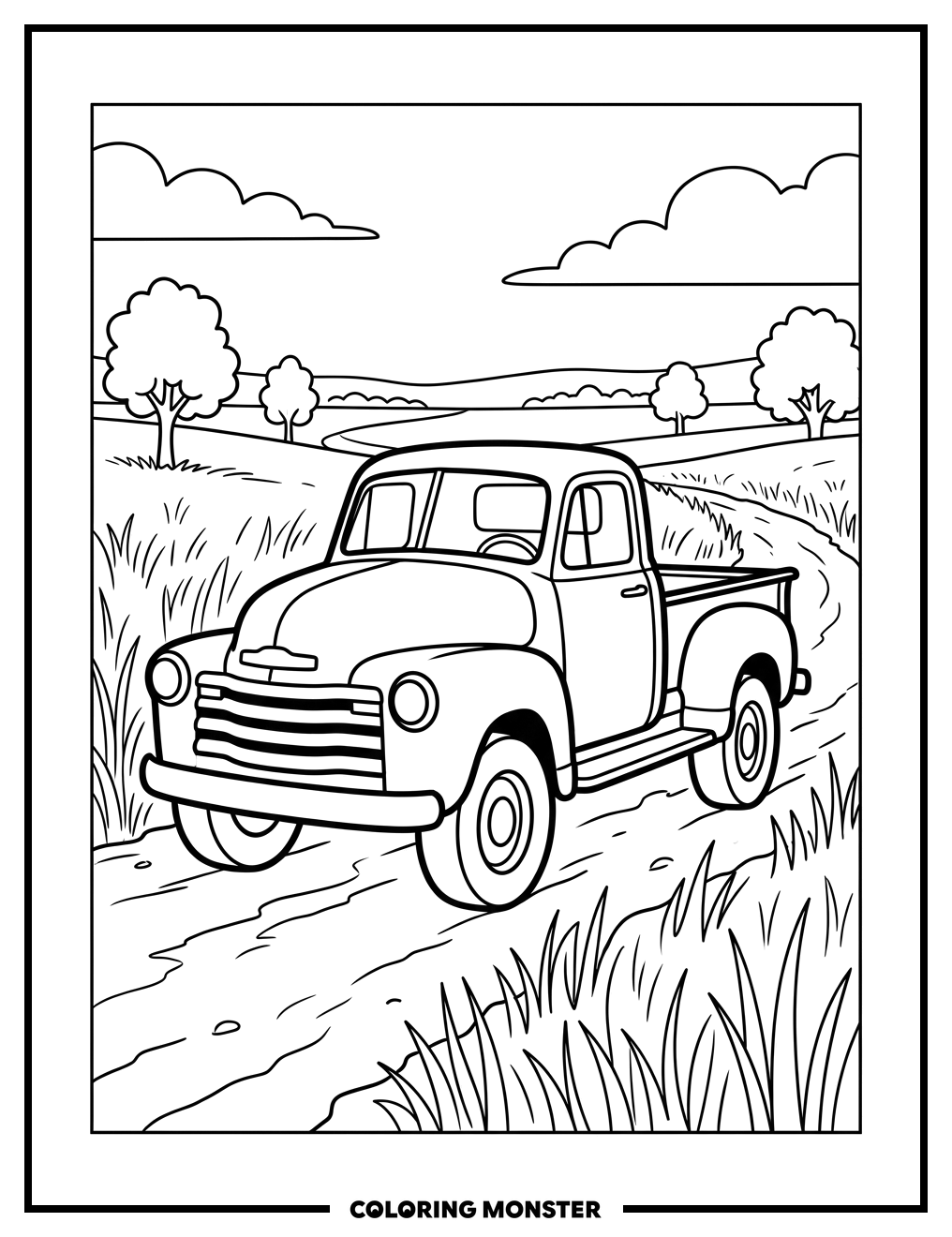 Old Pickup Truck on Dusty Road Coloring Page