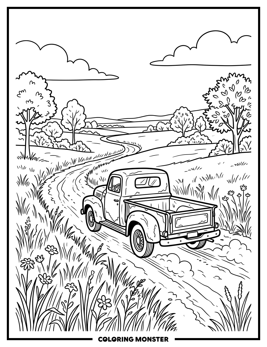 Old Red Pickup Truck on Dusty Road Coloring Page