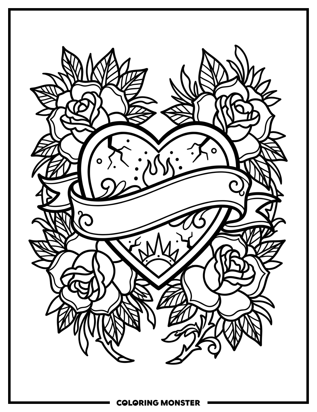 Old School Tattoo Heart With Roses Coloring Page