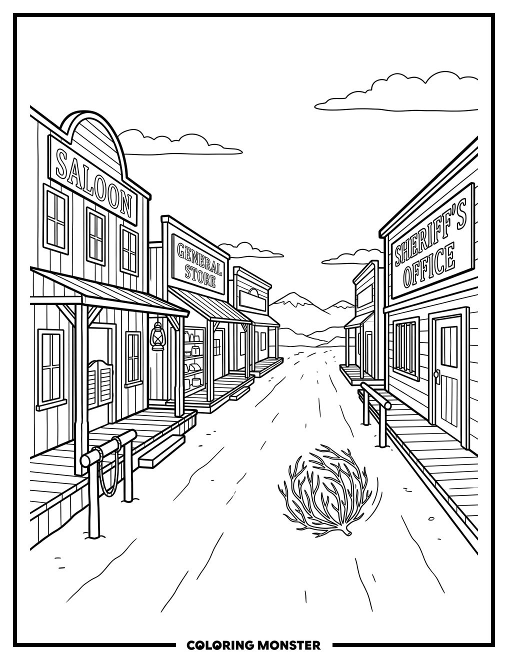 Old Western Town Street Coloring Page