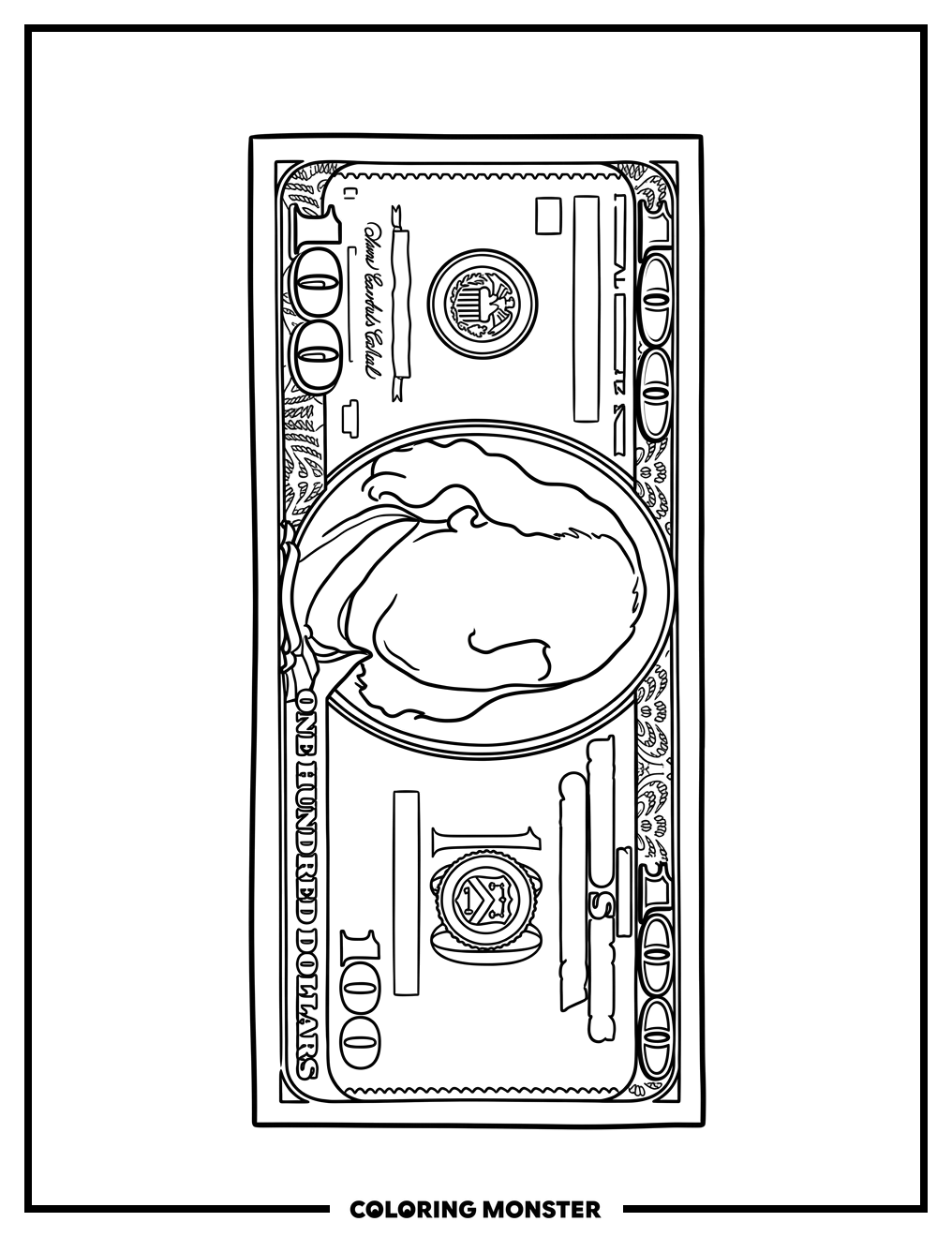 One Hundred Dollar Bill Coloring Page