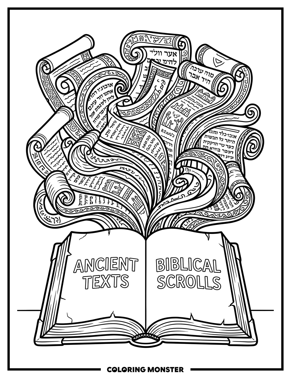 Open Book With Ancient Scrolls Coloring Page