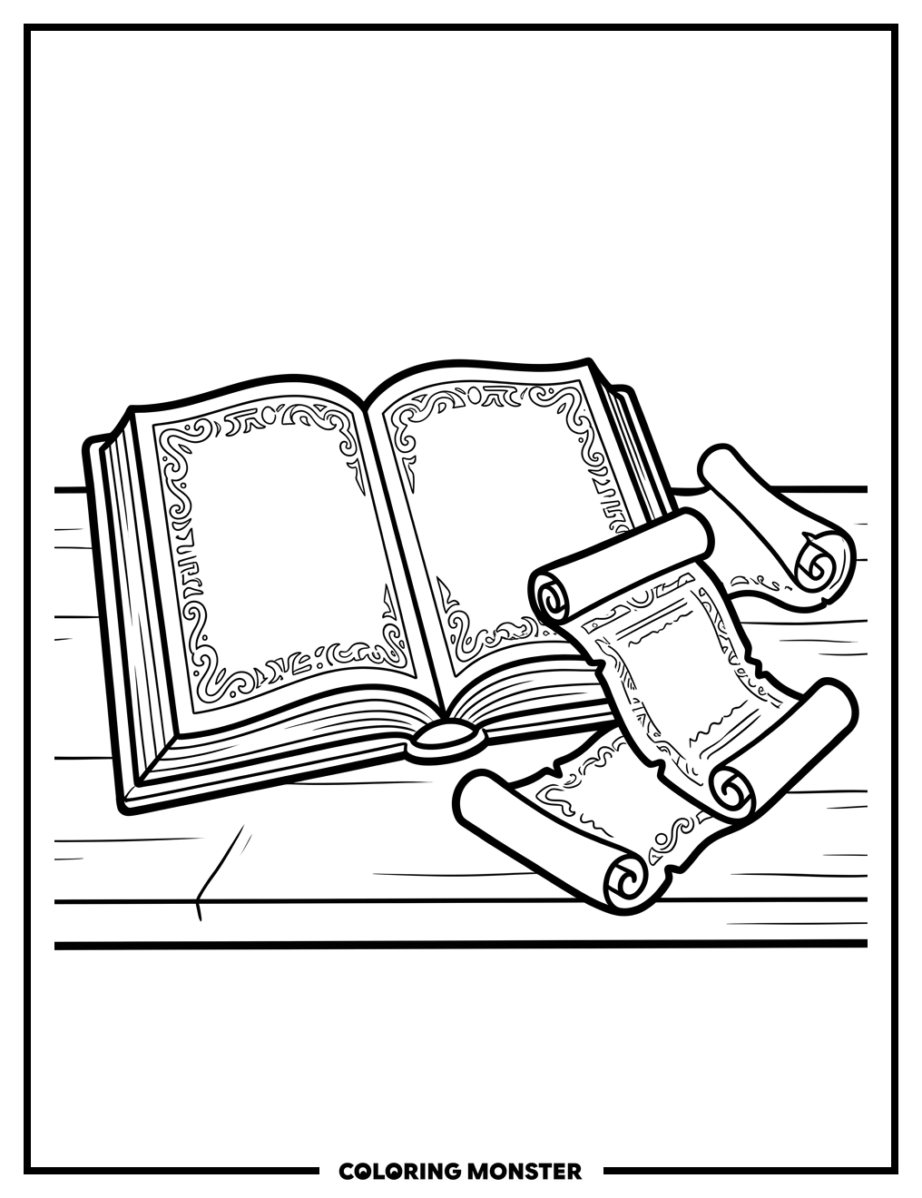 Open Book With Ancient Scrolls Coloring Page